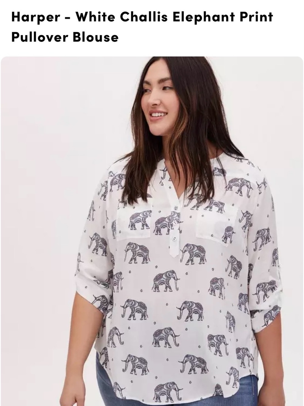torrid Harper - White Challis Elephant Print Pullover Blouse - Size 1